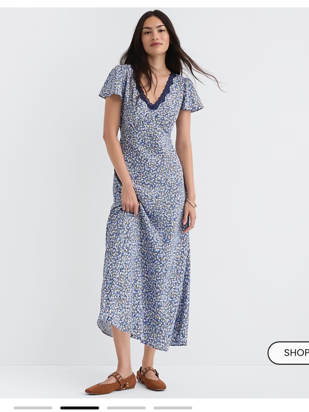 LOFT Blue Floral Lace-Trim Midi Dress